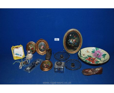 A quantity of miscellanea including; four small floral pictures, a sand art owl, a glass ink well, a whistle, an old child's 