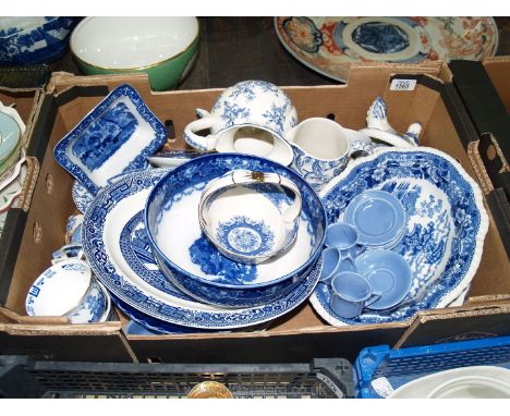 A quantity of blue and white china including; Abbey Shredded Wheat dish, jug and bowl set and a child's blue china tea set.