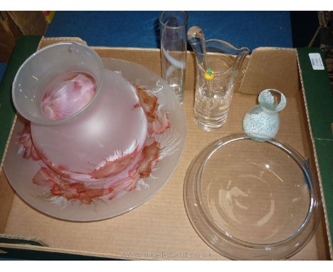 A quantity of glass including mixer jug and swizzle sticks, Caithness bud vase, pink glass dish with matching vase, etc.