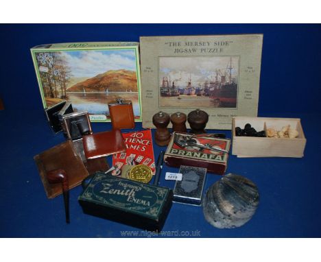 A quantity of miscellanea including wooden jigsaw puzzle 'The Merseyside', salt and pepper mills, pipe, Zenith Enema, wooden 