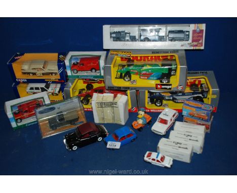 A quantity of Burago and Matchbox vehicles including; 'The Raf', Williams FW14, Bennetton Ford, fire engine, etc.