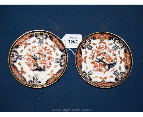 A pair of 19th c. Derby porcelain saucers hand-painted in pattern, no.383A date code for 1890