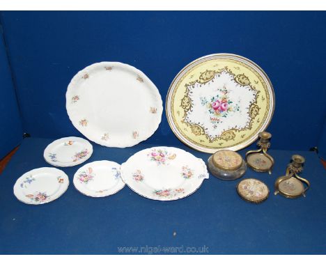 Three 20th c. tea plates pattern 'June time' plus a cake plate, a large Staffordshire plate and a French porcelain tray mid 2