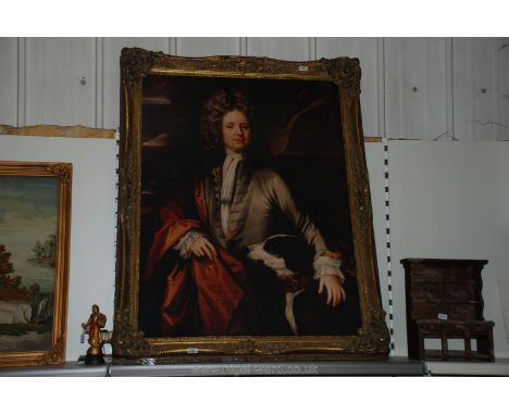 A reproduction gilt gesso framed Portrait of a gentleman in early dress with his dog at this side, the image 48'' x 36'' appr