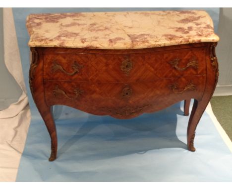 A 19thC Parquetry Commode with Rouge Marble Top, 2 drawers with gilt metal mounts	