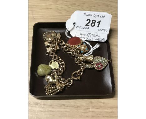 VINTAGE 9 CT GOLD BRACELET CHAIN WITH 9 CT GOLD FOB , LOCKET, PENDANT, HEART CHARM & 4 OTHER YELLOW METAL CHARMS