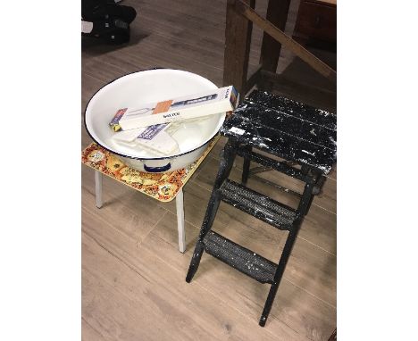WOODEN FOLDING STOOL , FOLDING TRAY , FOLDING STEPS , SALTERS THERMO - FORK , GALVANISED BOWL
