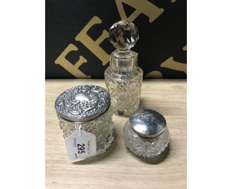 VINTAGE SILVER LIDDED CUT CLASS POTS & BOTTLE