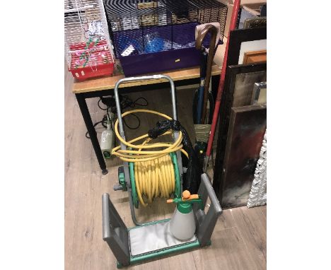 HOSE ON REEL , GARDEN KNEELER & BUNDLE OF TOOLS