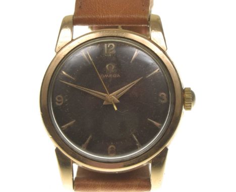 Omega: A gold plated manual wind Seamaster wristwatchThe bronzed signed dial with gilt baton markers and gold Arabic numerals