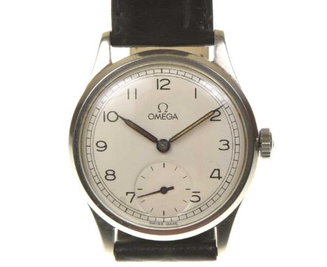 Omega: A stainless steel manual wind wristwatchThe white signed dial with black Arabic numeral hour markers, bordered by an o