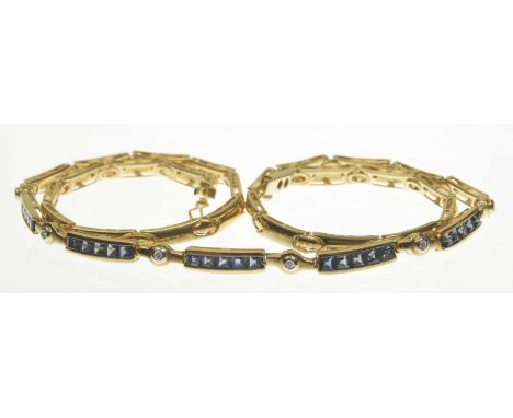 A sapphire and diamond necklaceComposed of square step-cut sapphire set bars, intersperced by round brilliant-cut diamond lin