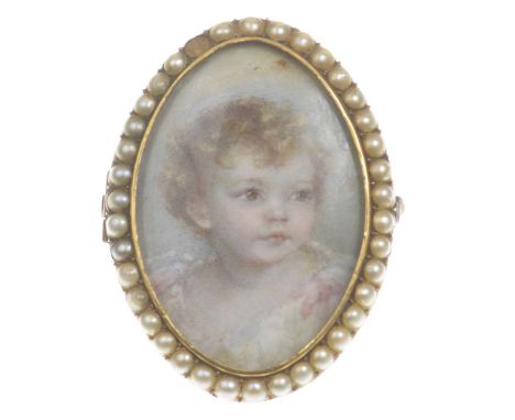 An early 19th century half pearl portrait miniature brooch/ pendantOf navette form, hand painted on ivory to depict a young c