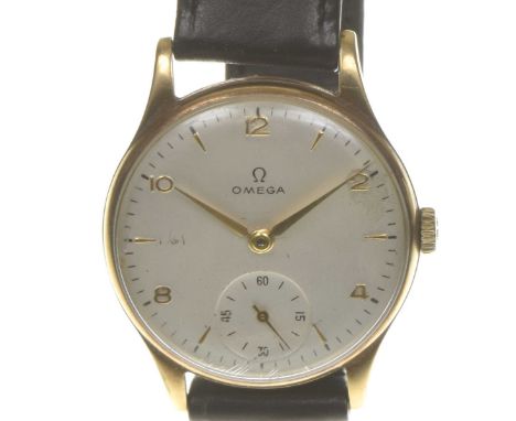 Omega: A 9k gold manual wind wristwatchThe signed silvered dial, with applied alternate baton and Arabic numeral hour markers