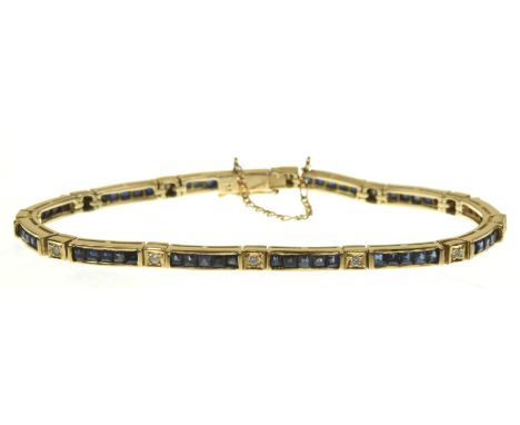 A sapphire and diamond line braceletComposed of a continuous line of square step-cut sapphire set bars, interspersed by round