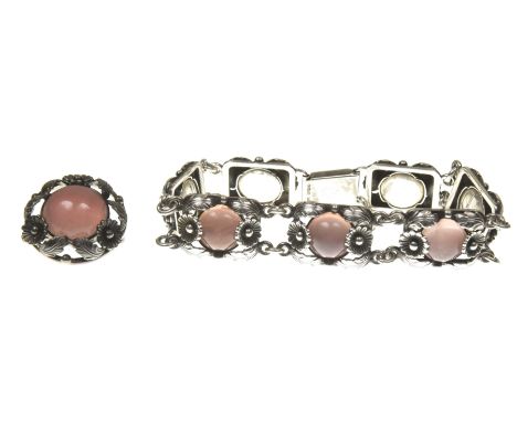 A Danish silver and rose quartz bracelet and broochEach rectangular panel set with a circular cabochon rose quartz amogst flo