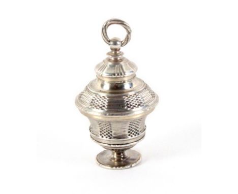 An 18th Century silver pomander, probably German, in three screw sections and of vase form with basket weave and other decora