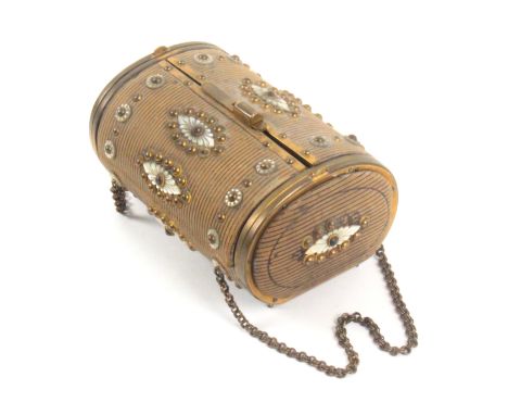 A French leather, gilt brass and mother of pearl mounted purse and sewing companion, of oval section, one end fitted with a p
