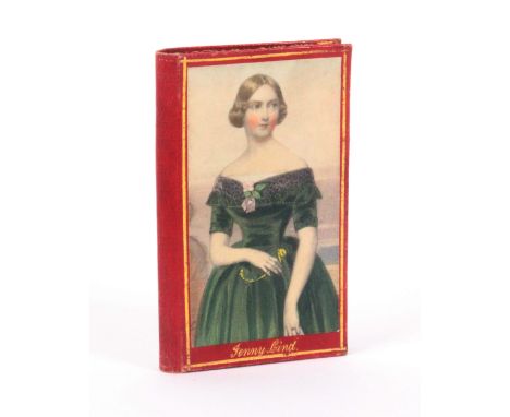 A red leather and gilt needle book, the covers with Baxter style colour prints, one three quarter length of a lady and titled