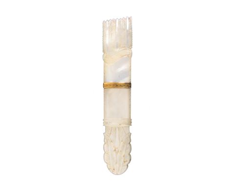 A Palais Royal mother of pearl needle case, in the form of a quiver of arrows with leaf carved terminal, gilt metal ferrule, 