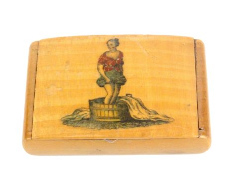 A Mauchline ware wooden hinge snuff box, the slightly curved lid with a colour print depicting 'Scottish Washing', a label wi