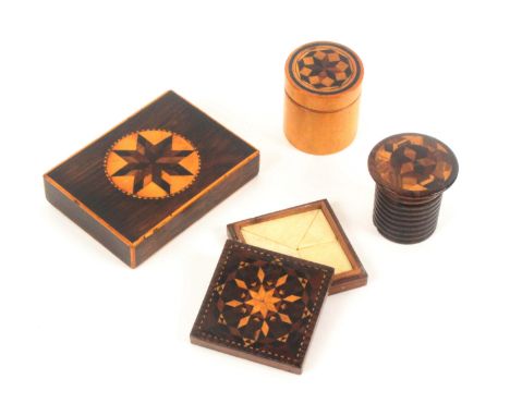 Tunbridge ware - four pieces, comprising a rectangular rosewood paper weight, with central stick ware star, 8cms, a rosewood 