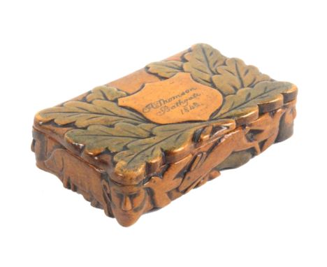 An unusual Scottish natural and painted wooden hinge snuff box, the lid inscribed to a shield 'A. Thomson, Bathgate 1848', am