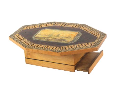An early print and paint decorated Tunbridge ware cribbage board, of elongated octagonal form, the simulated rosewood top wit