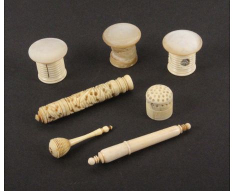 A mixed lot - sewing, comprising a bone cylinder form trio with mother of pearl tops comprising waxer, emery and tape measure