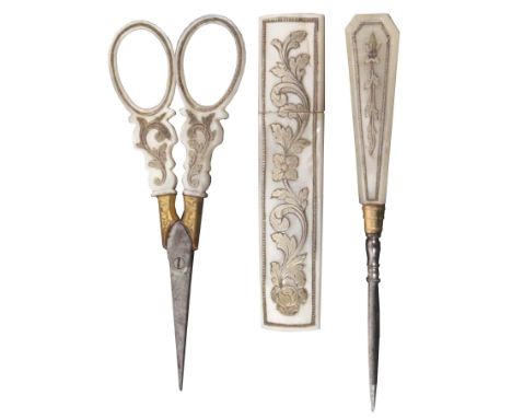 A Palais Royal mother of pearl and silver inlaid sewing trio, comprising a rectangular needle case inlaid with scrolling leav