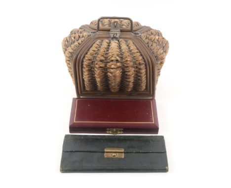 Three sewing companions, comprising a Victorian basket weave example, the drop down sides revealing a buttoned brown silk int