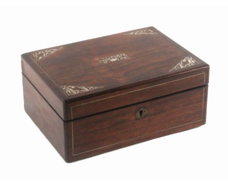 A rosewood and mother of pearl inlaid sewing box, circa 1880, of rectangular form, the front and lid with pewter lines, the l