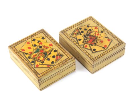 A pair of Regency yellow ground playing card boxes, of rectangular form with lift off lids, the sides with line painted decor