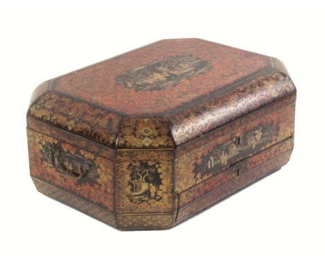 A Chinese export lacquer sewing box, of canted corner rectangular form, circa 1830, decorated in red and gilt lacquer with fl