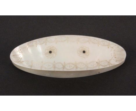 A good late 18th Century/early 19th Century mother of pearl knotting shuttle, each side engraved with a border of ovals, dots