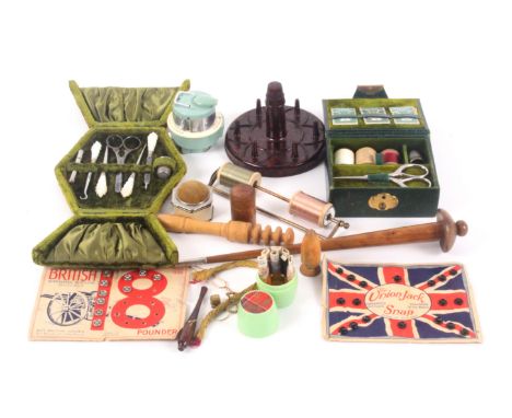 A mixed lot - sewing, comprising a green velvet sewing companion with tools, exterior worn, 13.5cms, another of rectangular f