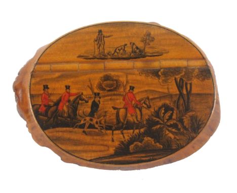 A fine Scottish root wood oval snuff box, with wooden hinge, the lid with a hunting scene in paint and pen work, the main sce
