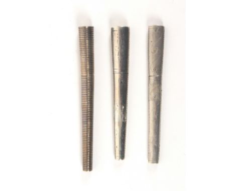 Three silver needle cases, comprising an 18th Century example of oval section and tapering form with engraved decoration, 7.2