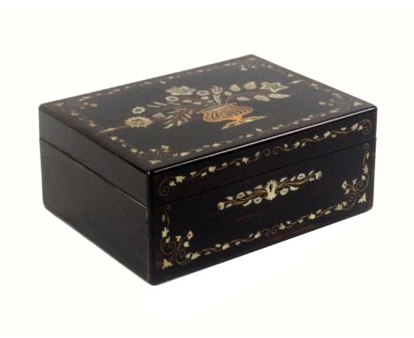 An attractive coromandel wood inlaid sewing box with fittings, circa 1850, the front and lid inlaid with mother of pearl flow