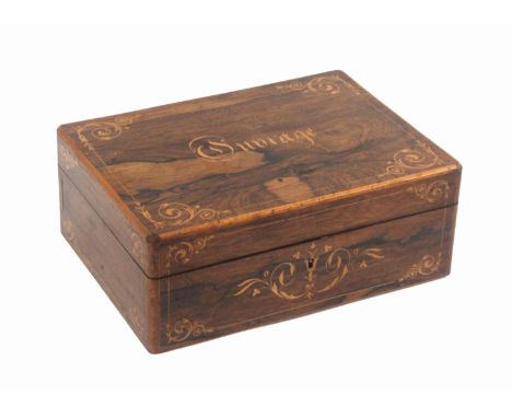 A French rosewood and inlaid sewing box, of rectangular form, circa 1850, the front and sides inlaid in boxwood with lines, s