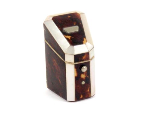 A good mid 19th Century tortoiseshell and mother of pearl slant top needle packet box, of trapezoid section, white metal lid 