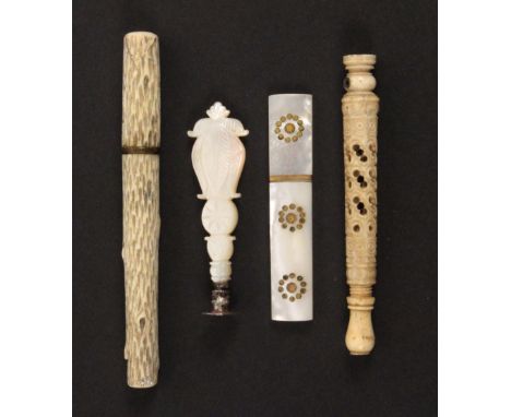 A mixed lot - sewing, comprising a 19th Century carved ivory cylinder case in the form of a branch or twig, 13.8cms, a bone p