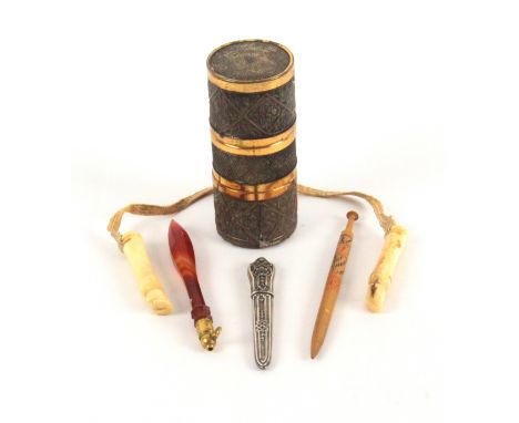 A mixed lot - sewing, comprising a three section cylinder tube one section fitted with a pin cushion, 8.2cms, a pair of bone 