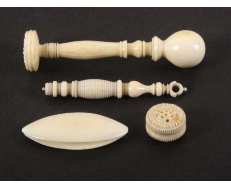 Four 19th Century ivory sewing and other tools, comprising a reversible stiletto with turned handle and hanging loop, 10.5cms