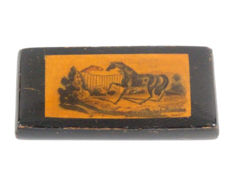 A Mauchline ware wooden hinge snuff box, the lid with a painted panel of two horses in open landscape meeting over a fence, t
