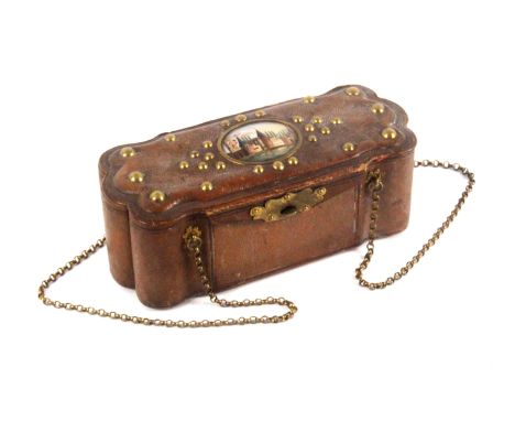 A French leather sewing companion fitted for hair pin crochet, circa 1880, of shaped rectangular form, the lid with brass stu