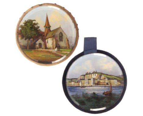 Two reverse glass decorated circular pin cushions, both double sided, one with titled views 'Fair Light Glen / Hastings From 