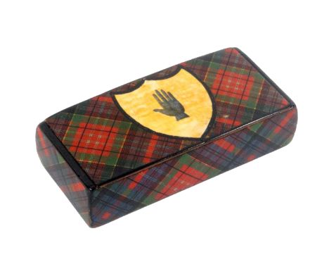 A Mauchline ware wooden hinge snuff box, decorated in untitled Tartan, the lid with central shield panel depicting a hand, 90