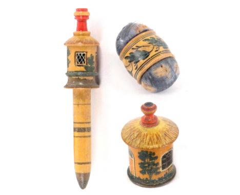 Three early paint decorated Tunbridge ware white wood sewing tools, comprising a circular cottage form pin poppet, 3cms, a ci