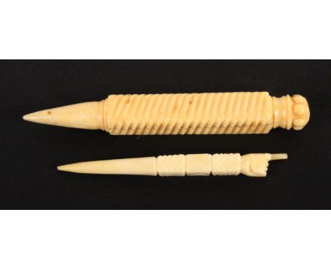 Two early 19th Century bone stilettos, probably French Prisoner of War work, one of slightly curved form with cross hatched p